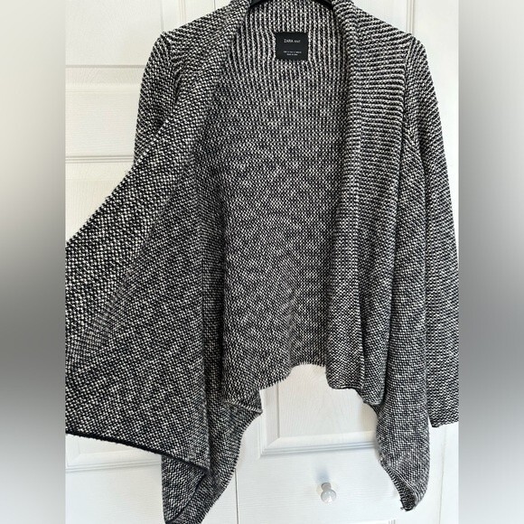 Zara Knit Open Front Cardigan Waterfall Black White Sweater Top Women’s Small - Picture 4 of 9